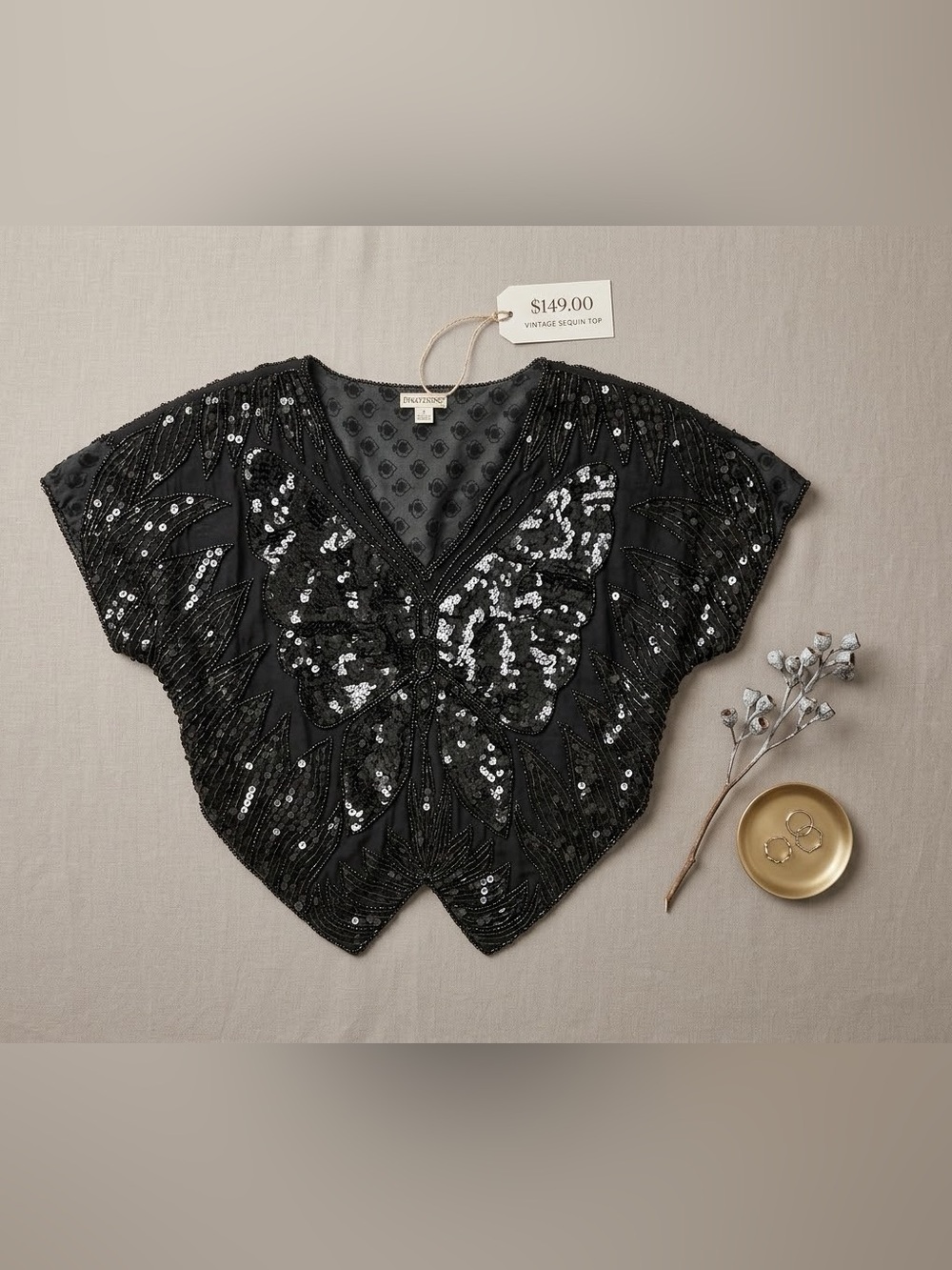 Vintage Embellished Butterfly Sequin Top - Black